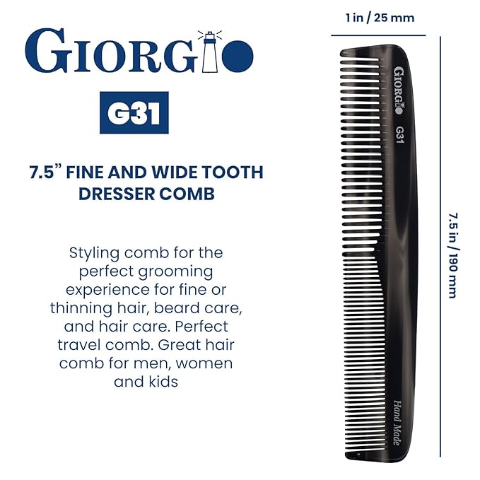 Giorgio G31 Fine Tooth and Wide Tooth, Hair Comb - Hair Styling Comb for Men, and for Women, Mens Beard Care Combs for Detangling and Styling - Handmade Saw-Cut and Hand Polished (Black Graphite)
