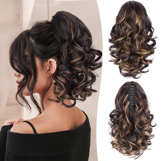 12 Inch Ponytail Extension - Soft Wavy Pony Tails Hair Extensions, Claw Clip Ponytail Extension, Synthetic Hair Extensions Ponytail, Clip in Ponytail (Color: Dark Brown with Honey Blonde Highlights)