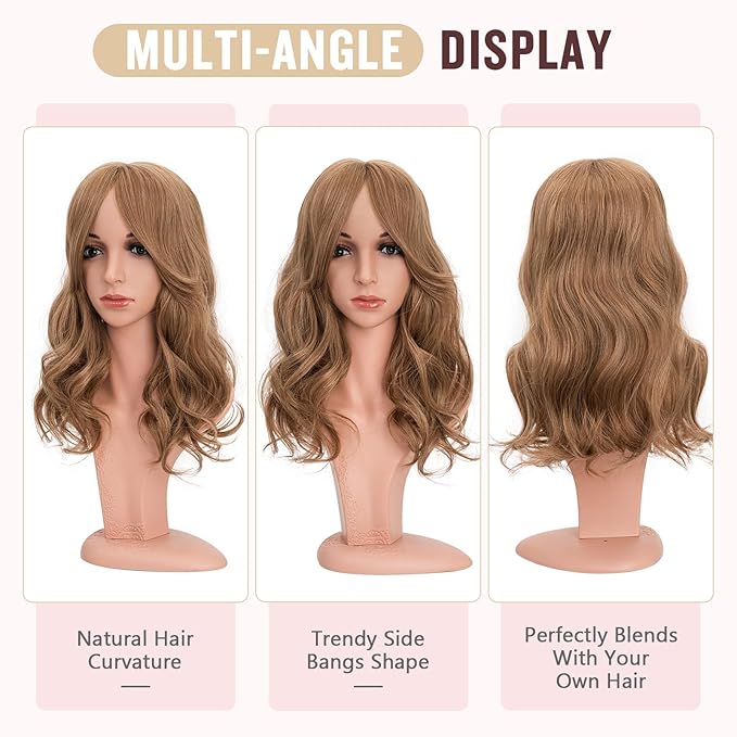 Hairro 18 Inch Long Hair Toppers Wavy with Side Bangs for Women, Clips In Synthetic Hairpieces Capless, for Adding Volume/Birthday/Party/Halloween/Cosplay Dress Up, Light Brown Mix Blonde