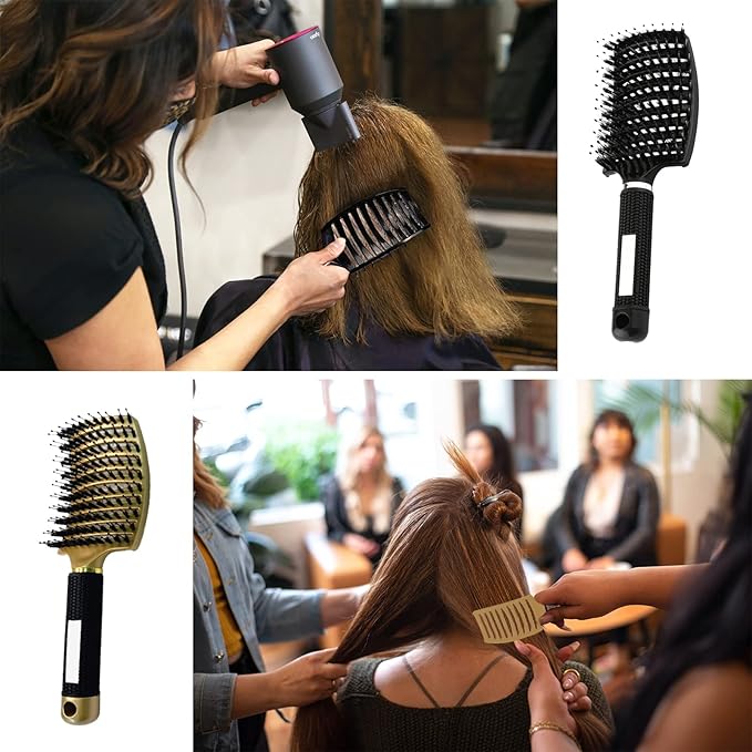 2PCS Curved Vented Hair Brush Boar Bristle Hair Brushes Paddle Detangling Brush Professional Styling Hairbrushes Detangler for Women/Men/Kids Wet Dry Thick Curly Straight Hair (Gold+Black)
