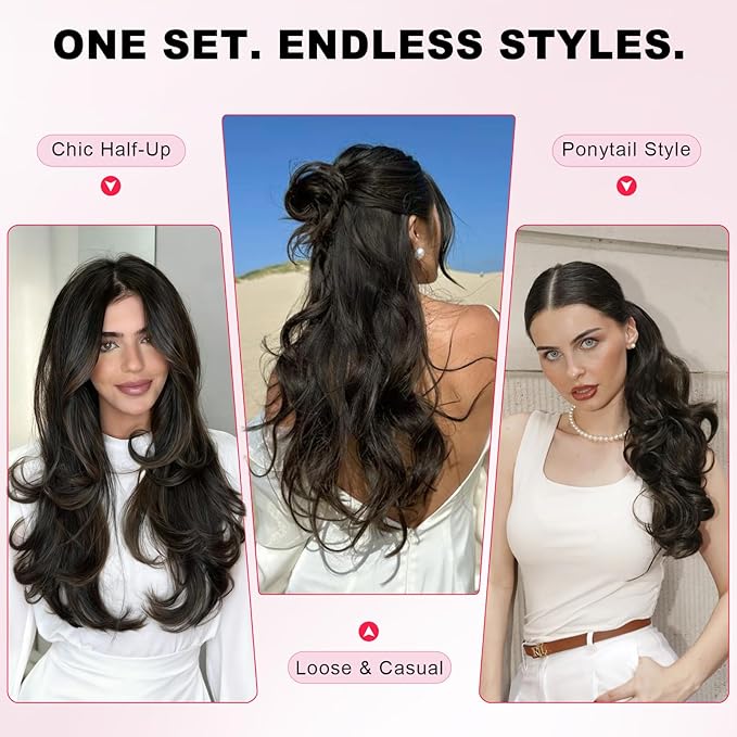 ALXNAN Long Wavy Hair Extensions for Women, Clip in Hair Extensions Clip Ins Soft Full Head Synthetic Hairpieces 20 Inch Black Brown
