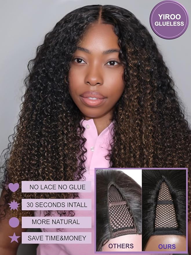 YIROO EasiContour V Part Ombre Brown Human Hair Wig Curly 12A Glueless Upgrade U Part Wig Ombre Black to Chestnut Brown No Leave Out V Shape Clip Wigs Ready to Go 150% Density Beginner Friendly 22Inch
