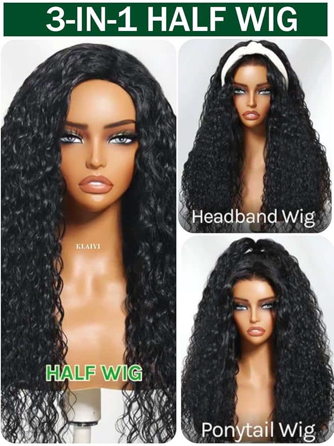 KLAIYI Water Wave 3 In 1 Flip Over 3/4 Half Wig Human Hair Curly Flip Over Seamless Blend Edges Glueless Wear and Go Drawstring Headband Clip In Wigs for Women Ready to Go Wig Beginner Friendly 26Inch