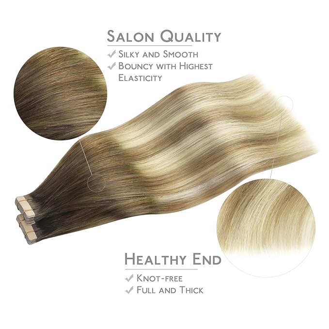 WENNALIFE Tape in Hair Extensions Human Hair, 40pcs 120g 26 inch Ombre Walnut Brown to Ash Brown and Bleach Blonde Hair Extensions Real Human Hair Straight