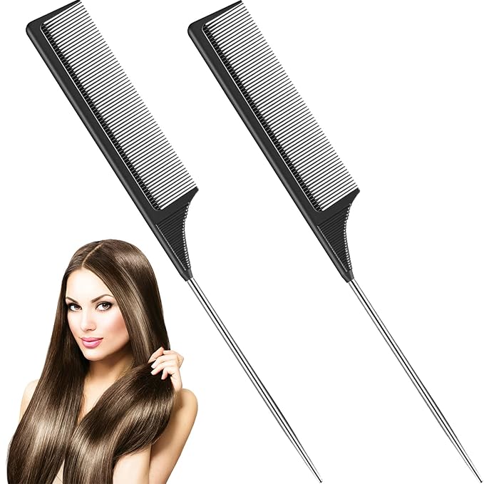 Leinuosen 2 Pack Rat Tail Combs with Parting Tip Steel Pin for Women Teasing Comb for Sectioning, Parting, Splitting, Styling Hair Stainless Steel Metal Pintail Carbon Fiber Heat Resistant