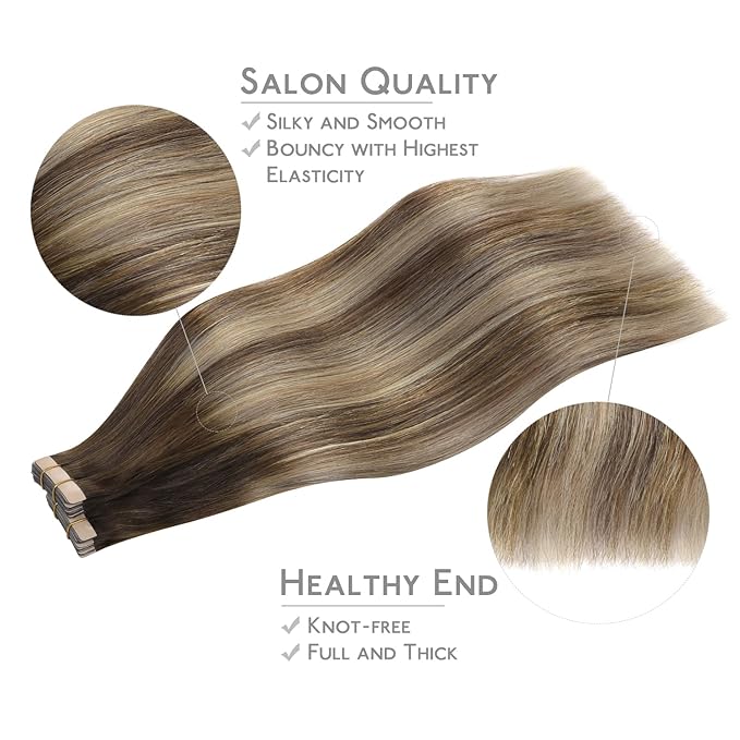WENNALIFE Tape in Hair Extensions, 40pcs 100g 16 Inch Balayage Chocolate Brown to Honey Blonde, Human Straight Reusable Real Hair