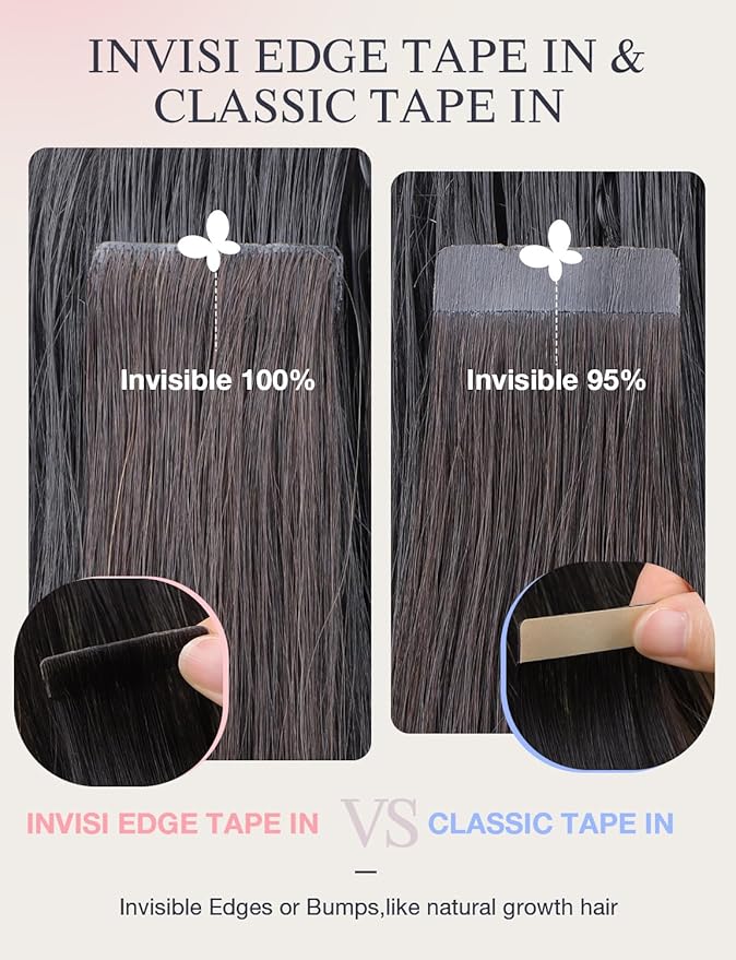 DOORES Invisi Edge Human Hair Tape in Extensions, Natural Black 10 Injection Tape-ins with 10 Classic Tape-ins 50g 18 Inch, Injection Tape in Extensions Virgin Human Hair Thick Ends