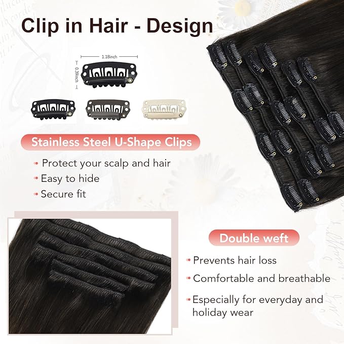 XDhair Clip in Hair Extensions Real Human Hair 100g 6Pcs Ombre Color Natural Black to Medium Brown Clip in Hair Extensions Natural Soft(#1BT4, 14 inch)