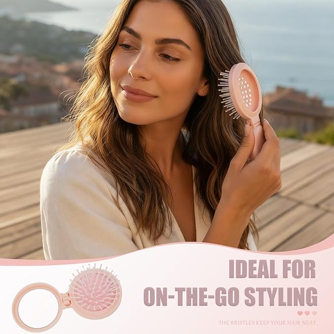 Folding Hair Brush with Compact Mirror, 2-in-1 Mini Hairbrush for Travel - Foldable Portable Pocket-Sized, Detangling Brush with Soft Nylon Bristles for Purse, Backpack, Women & Girls on The Go
