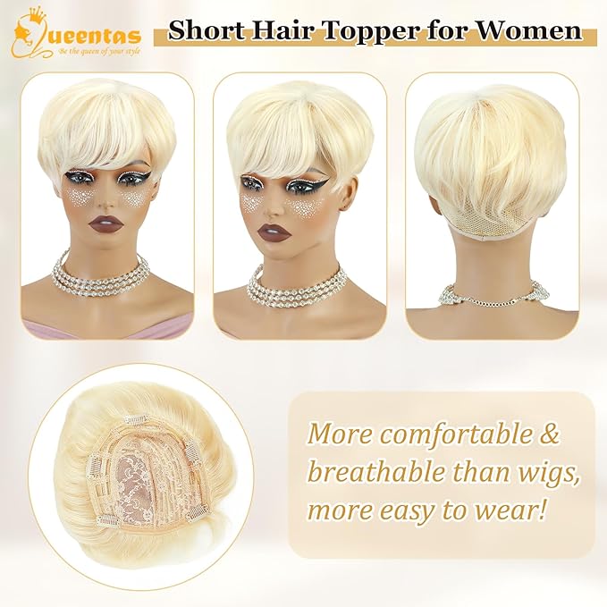 QUEENTAS Short Blonde Hair Toppers for Women with Thinning Hair Piece 360°3D Cover with 5 Clips Wispy Bangs 6.5"*6" Large Coverage Synthetic Hairpieces for Men(Mixed Blonde/#613)