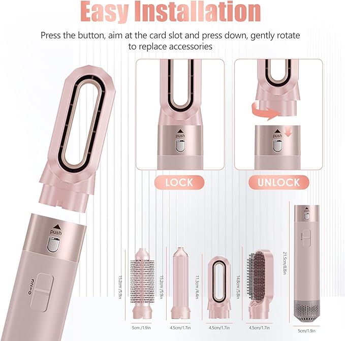 5 in 1 Blow Dryer Brush, Negative Ion Hair Dryer Brush Set Hot Air Brush Auto Air Styler Curling Wrap Air Curler, Detachable Hair Styling Tools for Curling Volumizing Straightening, 3 Temp