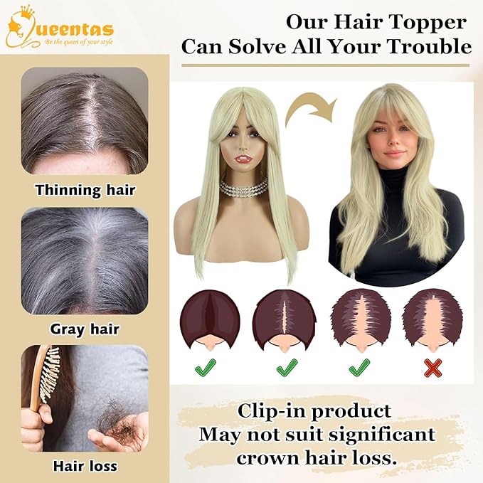 QUEENTAS 18" Blonde Hair Topper for Women with Thinning Hair Pieces 6"*6.2"Large Coverage 360°3D Cover Synthetic Long Straight with 5 Clips in Wiglets(Blonde)