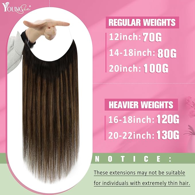 YoungSee 120G Wire Hair Extensions Human Hair Brown Balayage Invisible Wire Hair Extensions Darkest Brown Ombre Medium Brown Fish Line Hair Extension for Women 16Inch