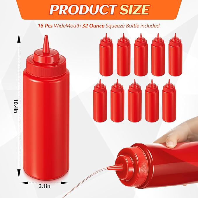 16 Pcs 32 oz Squeeze Bottle Large Plastic Wide Mouth Squeeze Bottles for Condiment Sauces Chocolate Ketchup Mustard BBQ Grill Restaurant (Red)