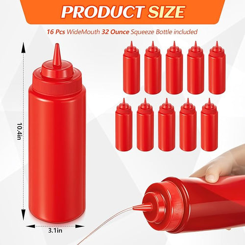 16 Pcs 32 oz Squeeze Bottle Large Plastic Wide Mouth Squeeze Bottles for Condiment Sauces Chocolate Ketchup Mustard BBQ Grill Restaurant (Red)