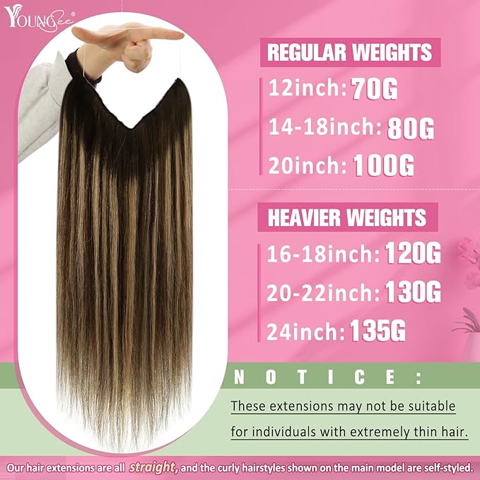 YoungSee 130G Wire Human Hair Extensions Balayage Invisible Wire Hair Extensions Real Human Hair Chocolate Brown Mix Caramel Blonde Couture Hair Extension for Women 20Inch