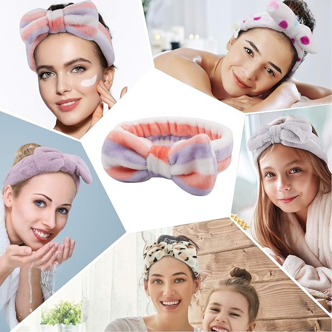 6 Pcs Spa Facial Headbands Set - Soft Fleece Headbands for Makeup, Face Washing, Skin Care, Yoga, and Shower with Bow Hair Band