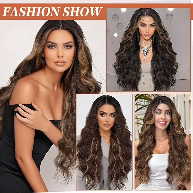 13x4 Synthetic Lace Front Wigs Pre Plucked 26 Inch Long Wavy Auburn with Honey Blonde Wigs For Black Women Ready to Wear 100% Futura Premium Lace Wig Daily Party Use