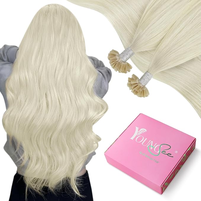 YoungSee Utip Human Hair Extensions Platinum Blonde 24 Inch K Tip Hair Extensions Human Hair White Blonde U Tips Extension Real Hair Long Straight U Tips Hair Extension for Women 50s/50g Hot Fusion