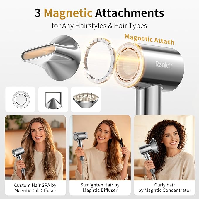 High-Speed Ionic Hair Dryer with Magnetic Oil Diffuser & 200M Negative Ions for Fast Drying High-Speed Blow Dryer for Women Men Lightweight Quiet Hairdryer for Travel & Home Salon (Silver)
