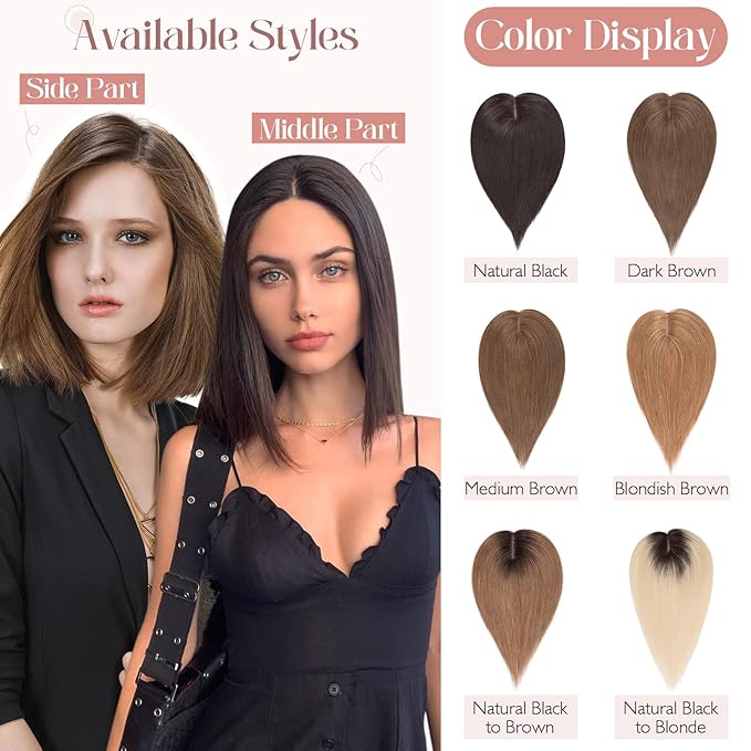 Hairro 100% Human Hair Topper No Bangs, Real Clip in Hair Hairpieces for Women, 3.94x4.72" Silk Base for Thinning Receding High Hairline, 10 Inch Light Brown Side Part