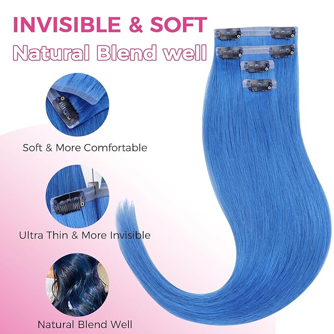 Lashey Seamless Clip in Hair Extensions Human Hair 37g 4pcs Blue Hair Extensions Real Human Hair 14 Inch Straight Hair Extension Clips with PU Soft Invisi Edge