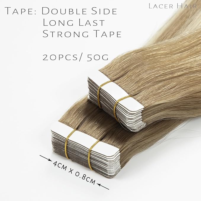 Lacer Hair Extensions Real Human Hair Tape in Balayage Light Brown to Platinum Blonde Real Virgin Tape in Hair Extensions Human Hair PU Skin Weft Double Side 50g 20pcs/set 20 Inches