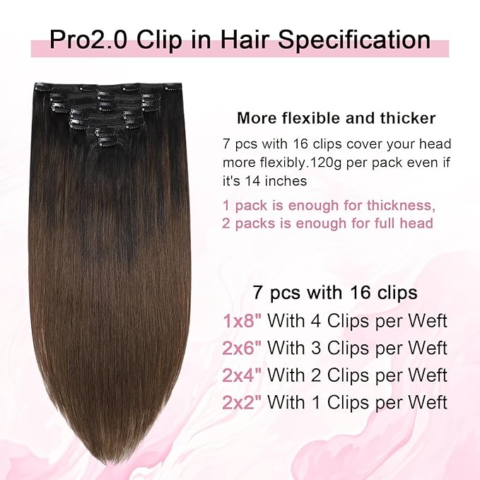 Pro2.0 Remy Clip in Extensions Real Human Hair Color #1BT4 Natural Black Fading to Middle Brown Remy Clip in Hair Extensions Real Human Hair 18inch 120g Thick 7pcs Double Weft（#1BT4-18inch）