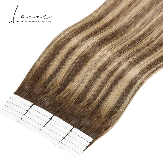 Lacer Tape in Hair Extensions Chocolate Brown to Dark Caramel Blonde Adhesive Tape in Hair Extensions Remy Human Hair 20 Pcs 50 Grams 22 Inch