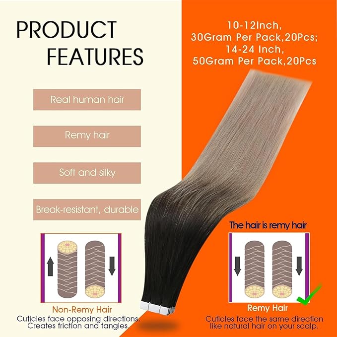Full Shine Balayage Tape in Hair Extensions Real Human Hair Color 1B Off Black Ombre 18 Ash Blonde Seamless Skin Weft Tape ins Human Hair Extensions 18Inch Remy Hair 50G 20Pcs Straight for Women