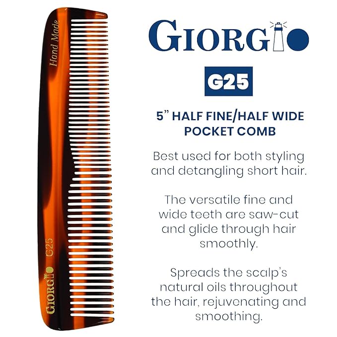 Giorgio G25 FineTooth and WideTooth Pocket Comb - Hair Styling Comb for Men and Women, Handmade Beard Combs for Men, Barber Combs, for Grooming,Saw Cut and Polished (Tortoiseshell)