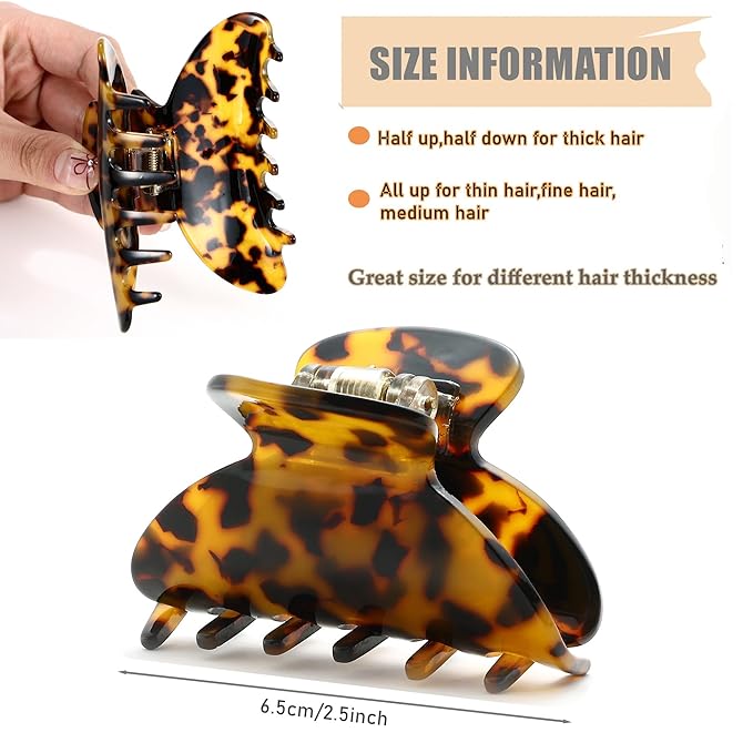 2Pcs Small Medium Hair Claw Clips for Women Tortoise Shell Claw Hair Clips for Thin Fine Medium Thick Hair