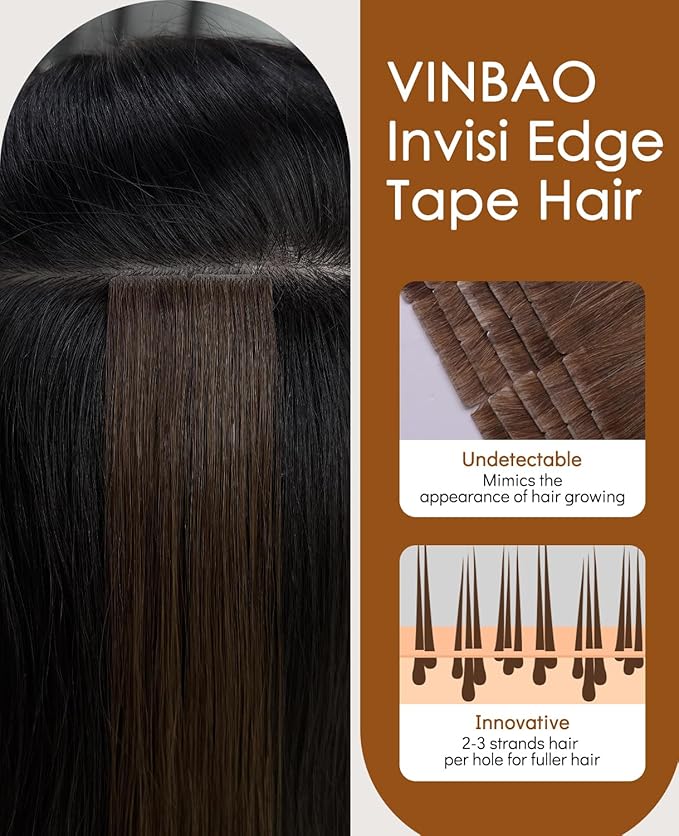 VINBAO Invisi Edge Tape in Extensions Human Hair Balayage Darkest Brown to Medium Brown Ombre Injected Tape in Hair Extensions Invisible 45g 20pcs 16inch #2/6/2