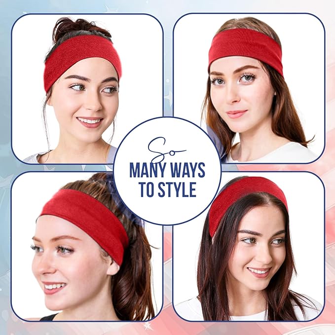 Styla Hair Headbands for Women Stretch Fashion Head Bands 10 Pack Non-Slip Head Wraps Great for Spa, Sports, Yoga, Pilates, Running, Gym Headband, Workouts (Red White Blue)