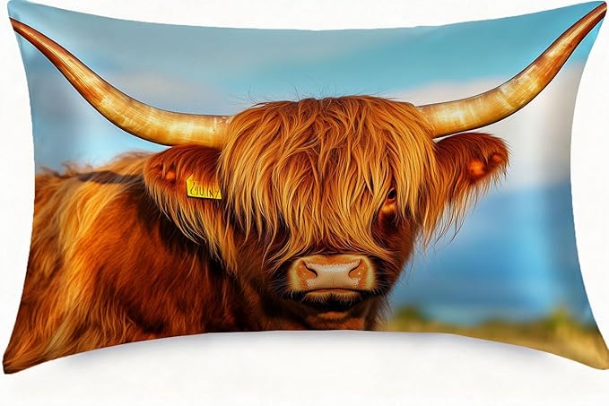 Satin Pillowcase with Zipper for Hair and Skin Farmhouse Highland Cow 1 Pack Soft Silk Pillow Case Standard Size Wrinkle-Free Smooth and Cooling Satin Pillow Cover 20”x26”