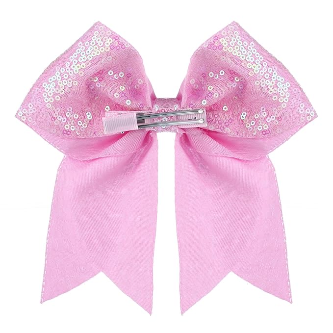 Large Glitter Cheer Bows Clips, Jumbo Big 7 Inch Cheerleading Sequin Hair Bow Hair Accessories for Teens Girls Football Sports Cheerleader Outfit Uniform (Pink)