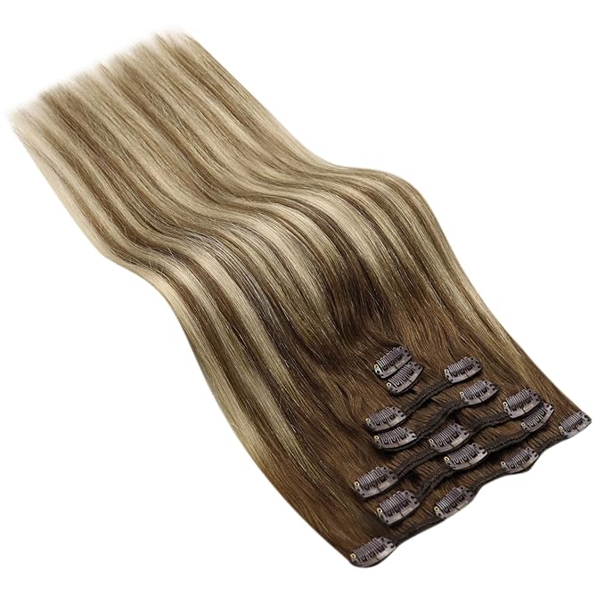 Ve Sunny Balayage Clip in Hair Extensions Human Hair Clip in Extensions Brown Clip in Human Hair Extensions Chestnut Brown with Platinum Blonde Hair Extensions for Holiday Party 120g 7pcs 24inch