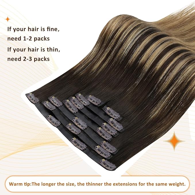 Full Shine Seamless Hair Extensions Clip in 18 Inch Balayage Dark Brown to Light Brown with Honey Blonde Human Hair Clip in Extensions Add Volume 8 PCS 120 G