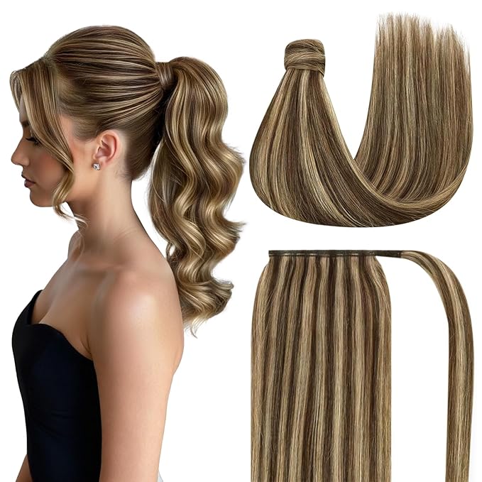 Ve Sunny Hair Extensions Ponytail Real Human Hair 80G Wrap Around Clip in Ponytail Hair Extensions Straight Extensions Human Hair for Women Medium Brown Highlighted Caramel Blonde 14inch
