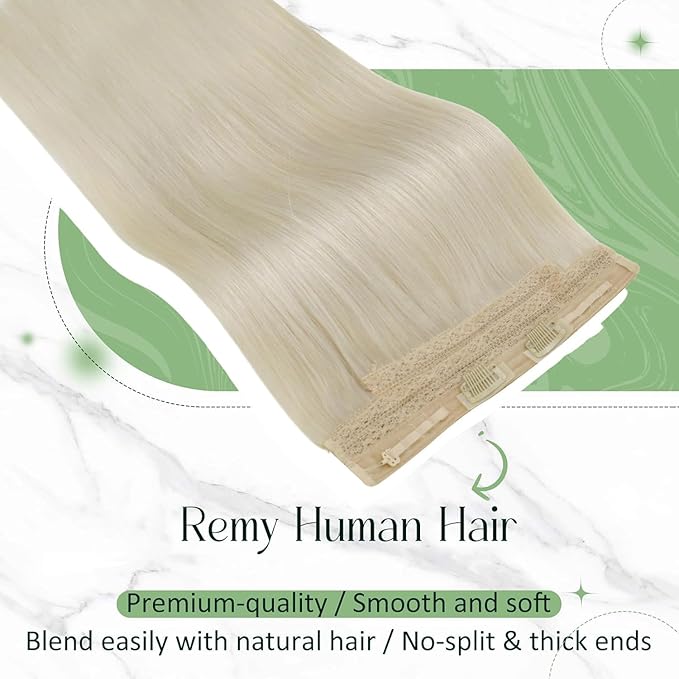 RUNATURE Wire Hair Extensions Blonde Human Hair Extensions with Transparent Fish Line, Real Human Hair, Clip in One Piece Extensions 18 Inch 80g #60 Platinum Blonde