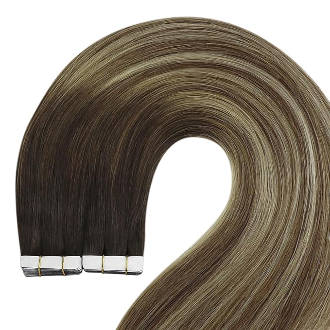 YoungSee Tape in Hair Extensions Real Human Hair Brown Balayage Tape in Hair Extensions Human Hair Dark Brown Ombre Blonde Tape-on Hair Extension Seamless Tapein Hair Extensions 50g 20pcs 18In