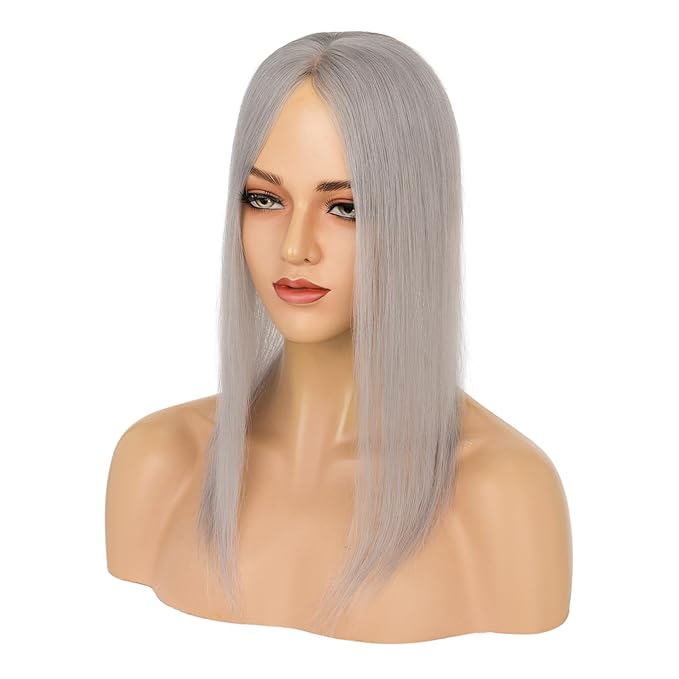 Hairro Human Hair Toppers Free Parted, 3.5x4.7" Base Hand-wovened 100% Real Hairpieces, with Invisible Clips-in for Women, for High Hairline/Adding Volume on Top, 10 Inch Grey