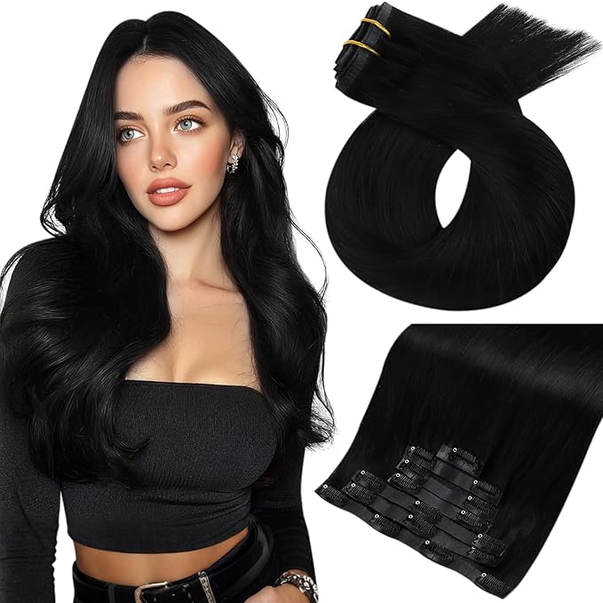 Moresoo Seamless Clip in Hair Extensions Human Hair Black PU Weft Seamless Human Hair Clip in Extensions Jet Black #1 Full Head 20inch 7pcs 120G