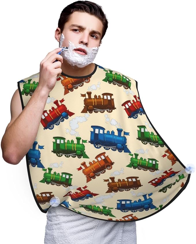 Beard Bib Apron for Men Shaving, Waterproof Non-Stick Hair Catcher with Suction Cups, Grooming Essential for Dad Husband, Cartoon Style Retro Steam Trains Shave Bib