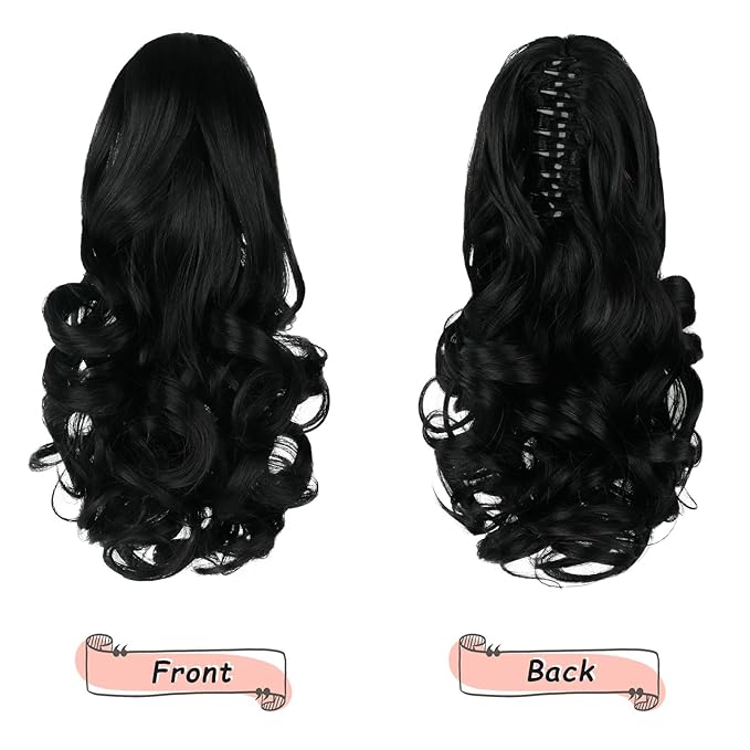 Ponytail Extension, Clip on Ponytails for Women, 12" Claw Clip in Short Curly Wavy Pony Hair Extension for Women - Black