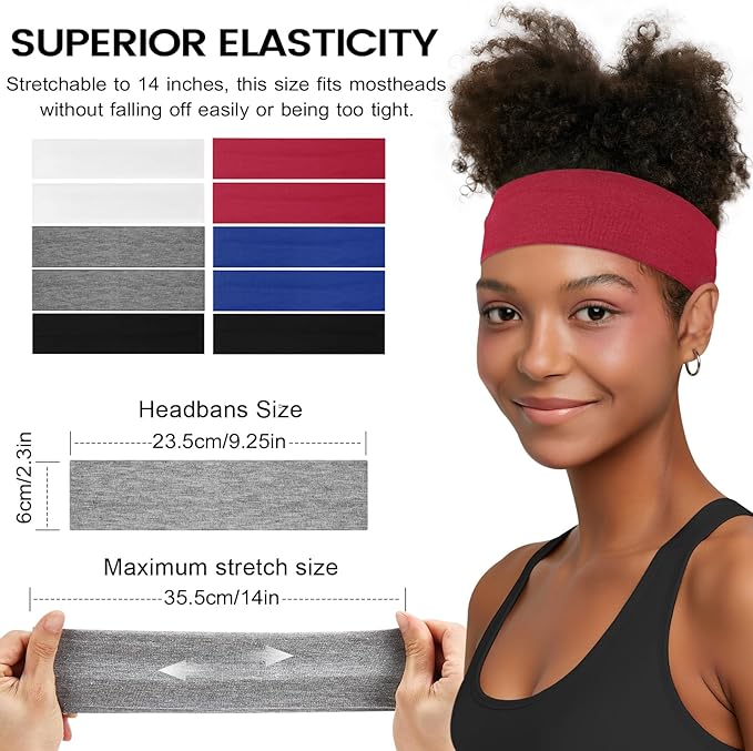 10 PCS Headbands for Women - Fashion Non Slip Cotton Headbands for Women and Men Perfect for Sports and Outdoor Activities in Summer,Including Running, Yoga, Cycling, Gym Workouts
