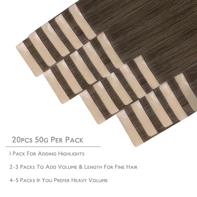 WENNALIFE Tape in Hair Extensions Human Hair, 20pcs 60g 26 inch Ombre Walnut Brown to Ash Brown and Bleach Blonde Remy Hair Extensions Straight Human Hair Tape in Extensions Skin Weft Tape Extensions