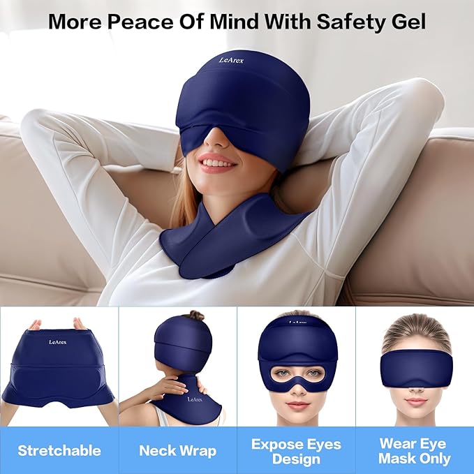 Migraine Relief Cap and Neck Ice Pack Wrap with Ice Eye Masks,3 in 1 Detachable Hot and Cold Therapy Headache Relief Cap for Headaches, Stiff Neck,Eye Fatigue, Tension and Pain Blue