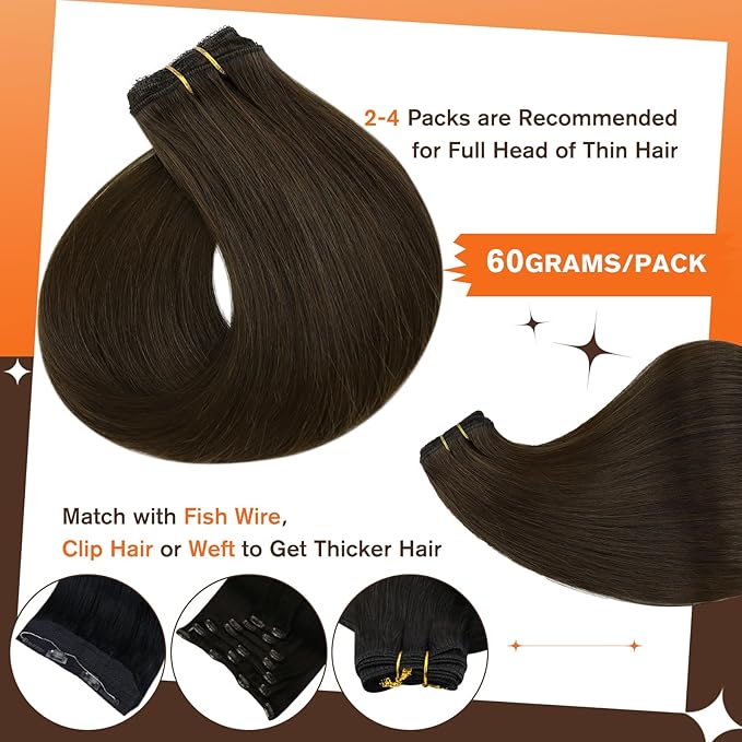 Full Shine Brown Human Hair Clip in Extensions 20 Inch Straight Dark Brown Clip in Hair Extension Lace Weft Real Human Hair Clip ins for Thin Hair 3 PCS 60 G