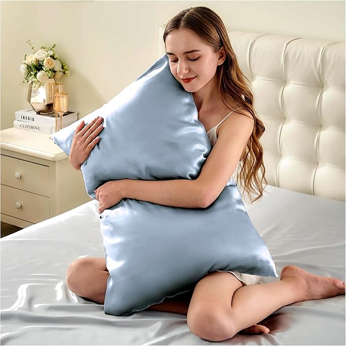 Premium Natural Mulberry Silk Pillowcase for Hair and Skin Made in USA, 22 Momme 6A Silk Pillow Cases Standard Size with Zipper, Ideal for Women's Beauty Sleep, 1 Pc 20"x26" (Standard, Blue Grey)